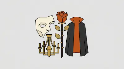 A white half-mask, a long-stemmed red rose, a black cloak with an orange lining, and a gold chandelier.