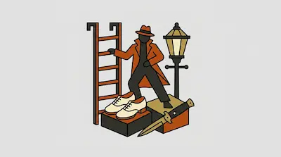A figure in a trench coat and hat stands among a ladder, a street lamp, a pair of shoes, and a knife.
