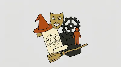 Flat illustration of a wizard hat, a theater mask, and a pentagram scroll on a light gray background