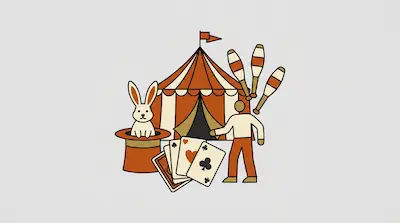 Flat illustration of a circus tent with a rabbit in a top hat, playing cards, and a figure juggling pins in orange tones