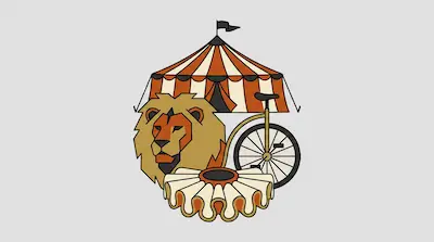 Flat illustration of a lion head, a striped circus tent, a unicycle, and a ruffled collar on a light gray background