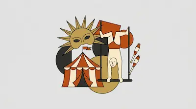Flat illustration of a circus tent, a sun mask, and an acrobat on a trapeze with juggling pins on a gray background