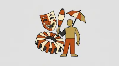 Flat illustration of a stylized figure holding a juggling club and umbrella next to a theater mask and a striped gear.