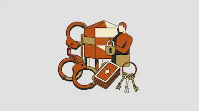 Flat illustration of a man with handcuffs, a deck of cards, and a ring of keys on a light gray background