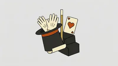Flat illustration of a magician top hat with white gloves, a magic wand, and a heart playing card on a grey background