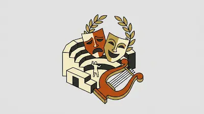 An ancient Greek amphitheater with a small figure in the center, theater masks, a laurel wreath, and a lyre.