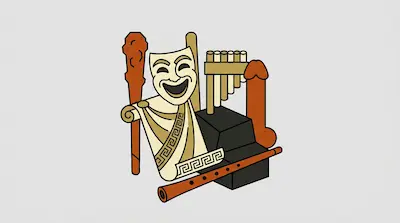 A collection of stylized ancient Greek objects including a comedy mask, a scroll, musical instruments, a club, and a phallic symbol.