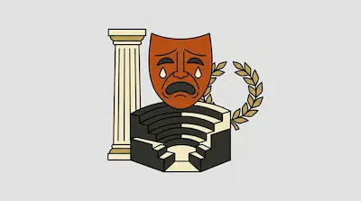 A fluted column, a brown tragedy mask with tears, a tiered amphitheater, and a laurel wreath.