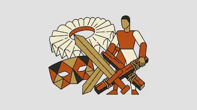 A person holding wooden beams stands behind a large ruff collar, a sword, and a geometric mask.