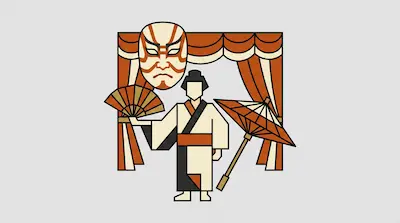 A stylized figure in a kimono holds a fan, surrounded by a large kabuki mask, an umbrella, and a stage curtain.