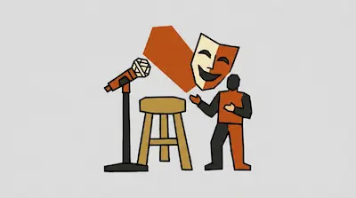 Flat illustration of a stand-up comedian next to a microphone, a wooden stool, and a large smiling comedy mask.