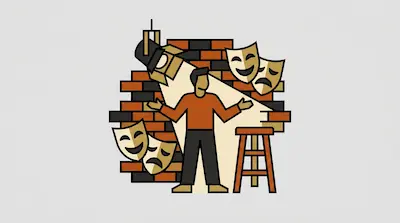 Flat illustration of a man performing on stage with a spotlight, comedy masks, and a brick wall background