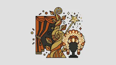 A red theater curtain tied back, a twisting beanstalk with leaves, a fairy wand with a gold star, and a curly wig on a stand.