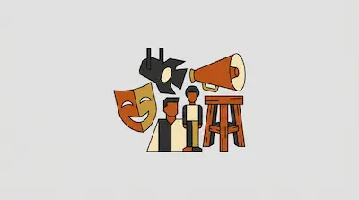Flat illustration of theater icons including a comedy mask, a megaphone, a spotlight, and two stylized human figures.