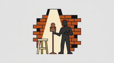 Flat illustration of a dark silhouette performing stand up comedy with a microphone and stool against a brick wall