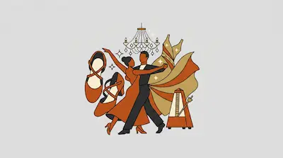 Flat illustration of a couple ballroom dancing surrounded by a chandelier, dance shoes, and a metronome on grey background