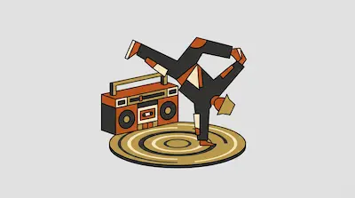 Flat illustration of a breakdancer performing a handstand next to a boombox on a circular rug with a gray background