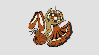 Flat illustration of a dancer figure, a disco ball, castanets, and a ruffled skirt on a light gray background