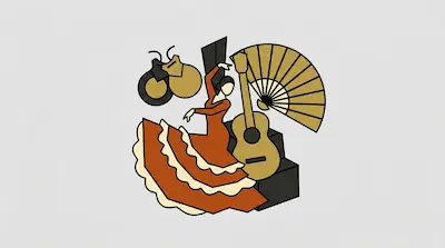 Flat illustration of a flamenco dancer in a red dress with a guitar, castanets, and a fan on a gray background