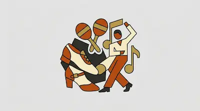 Flat illustration of a dancing man, maracas, musical notes, and dress shoes in orange and cream tones