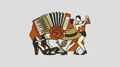 Flat illustration of tango dancers, an accordion, a red rose, and high heels in a geometric art deco style