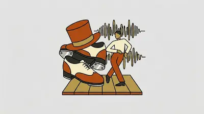 Flat illustration of a tap dancer on a wooden stage with oversized tap shoes, a top hat, and golden sound wave patterns