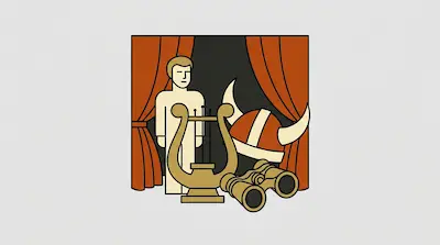 A man stands behind a lyre, a horned helmet, and binoculars in front of red stage curtains.