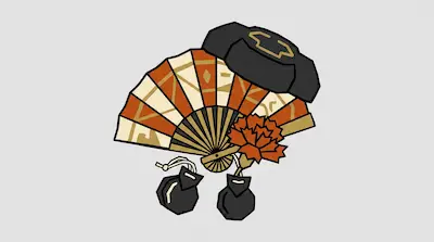 An orange and cream folding fan is arranged with a black hat, an orange flower, and two black castanets.