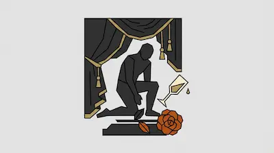 A dark silhouette of a person kneels beneath a draped curtain next to a fallen champagne glass and a large orange rose.