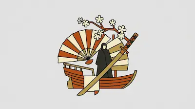 A figure in a dark robe stands on a wooden boat surrounded by folding fans, a cherry blossom branch, and a katana.