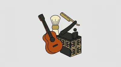 An acoustic guitar, a shaving brush, a straight razor, and a decorative box with a small human figure icon.
