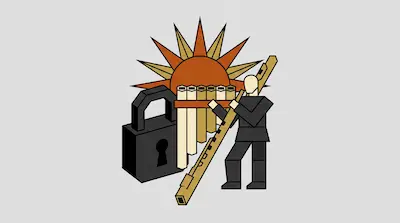 A stylized sun, a black padlock, and a figure in a suit holding a long wooden instrument next to panpipes.