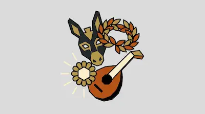 A collection of stylized icons featuring a donkey's head, a laurel wreath, a lute, and a glowing flower.