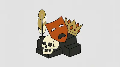 A quill in an inkwell, a skull, a theater mask, and a crown are arranged on dark gray steps.