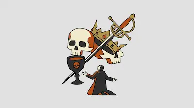A kneeling figure in a black and orange robe looks up toward two skulls, a crown, a sword, and a chalice.