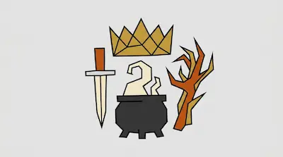 A gold crown sits above a steaming black cauldron, flanked by a dagger and a gnarled branch.