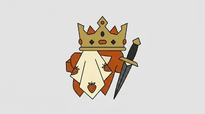 A gold crown, a white cloth with strawberry patterns, and a sword are arranged over an orange shape.