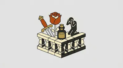 A dagger, a rose, a small bottle, and a kneeling person with their hands to their head are positioned behind a stone balustrade.