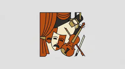 Flat illustration of theater curtains, a tragic mask, and a violin with a bow on a light gray background