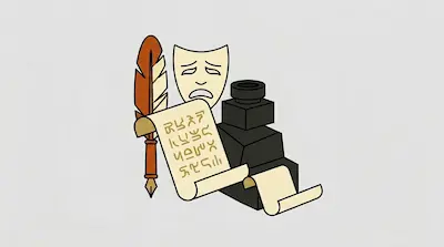 Flat illustration of a quill pen, a sad theater mask, and a written scroll next to a black inkwell on a gray background