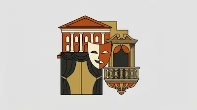 Flat illustration of a theater building, a comedy and tragedy mask, and an ornate balcony on a light gray background