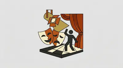 Flat illustration of a stage with theater masks, a spotlight, and a stick figure performer behind a red curtain