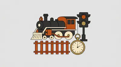 Flat illustration of a steam locomotive on tracks with a pocket watch and a railway signal on a light gray background