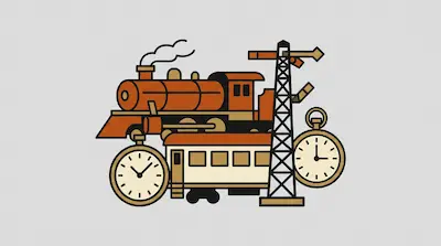 Flat illustration of a vintage steam train with two pocket watches and a signal tower on a light grey background