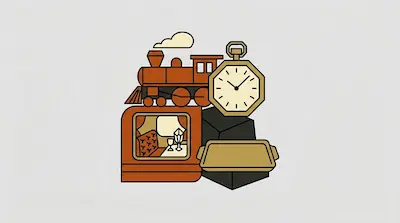 Flat illustration of a vintage steam train, a pocket watch, and a dining car interior on a light grey background