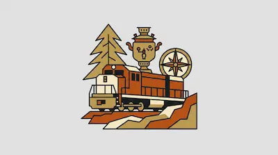 Flat illustration of an orange locomotive train, a pine tree, and a samovar against a light grey background