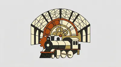 Flat illustration of a steam locomotive in front of a large station clock and glass dome roof on a light gray background