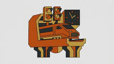 Flat illustration of an orange train on a track with a station clock and traffic signals on a light gray background