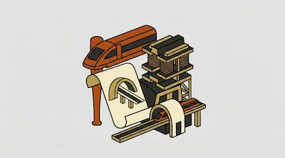 Isometric illustration of a modern orange train, architectural blueprints, and a tunnel on a light grey background