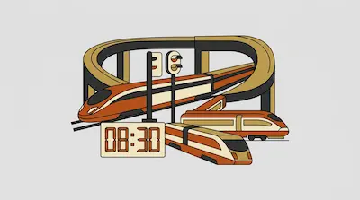 Flat illustration of orange high speed trains on a curved track with a digital clock showing 08:30 on a gray background